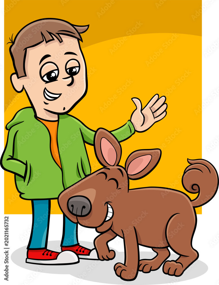 Obraz premium cute funny cartoon boy character with his pet dog