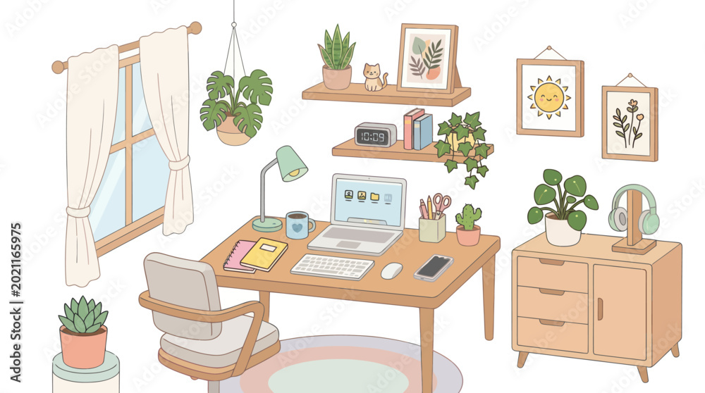 Obraz premium Aesthetic Home Office Interior Desk Workspace Flat Vector Illustration with Plants for Study and Remote Work