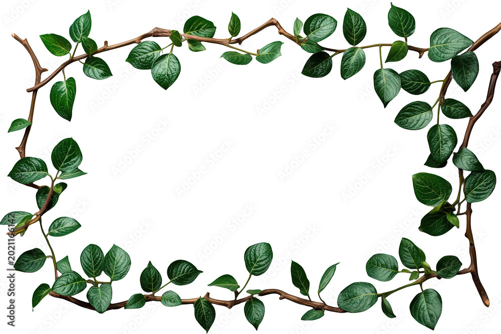 Obraz premium Green foliage forming a decorative frame, climbing plant border with shiny leaves, natural design element on transparent background