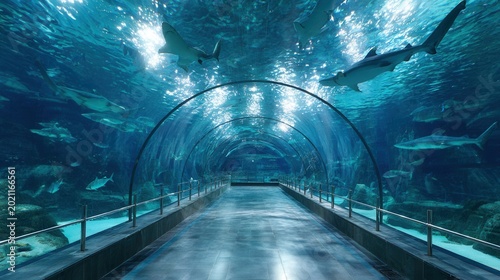 Underwater aquarium tunnel with sharks swimming above glass walkway in deep blue ocean environment