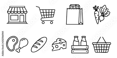 Schilderij op canvas Grocery shopping scene with store, cart, and various food items on display