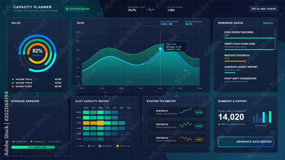 Fototapeta premium Digital vaccination capacity dashboard with value gauge, logistics chart, reminder queue, storage sensors, slot matrix, telemetry, and export panel