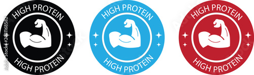 Quadro su tela High protein certification badge set with muscular arm icon vector illustration