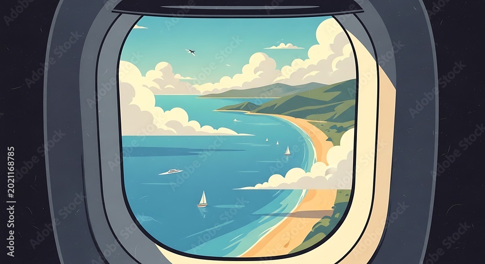 Fototapeta premium A vintage retro illustration of a beach viewed from an airplane window showing a serene landscape.