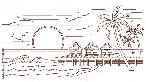 Canvastavla Tropical beach landscape with palms and beach huts on wooden pier