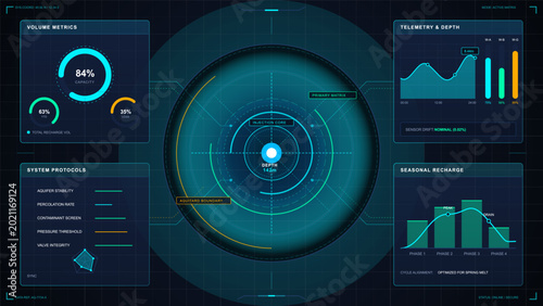 Fotografi Futuristic aquifer recharge planning dashboard with central injection core, volu