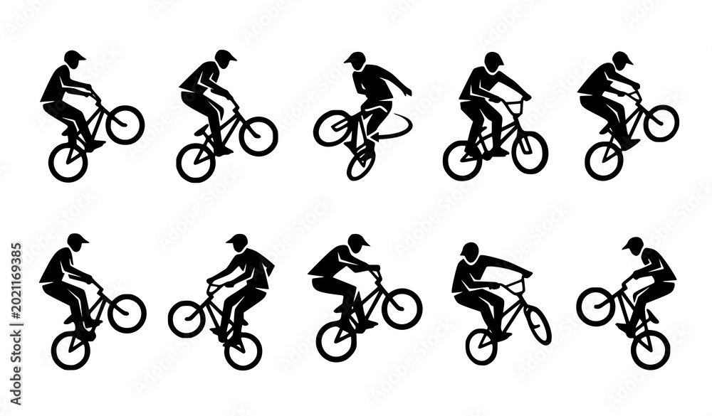 Fototapeta premium Set of mountain bikers and road cyclists in action-packed poses.