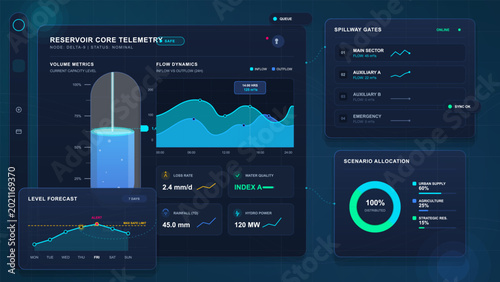Foto Futuristic reservoir telemetry dashboard with volume gauge, flow dynamics chart, spillway gate status, level forecast, and allocation donut