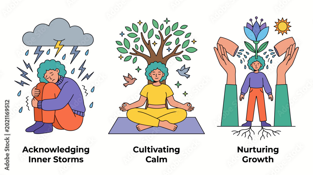 Fototapeta premium A harmonious triptych illustrating self-awareness, mindfulness, and nurturing growth concepts, showcasing emotional stability and personal development through artistic representations.