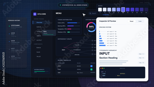 Photography Futuristic CSS design token manager dashboard with version history, token distribution charts, dependency graph, spacing preview, and code panel
