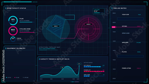 Photos Dark gym class capacity planner dashboard with room status gauges, topology map, waitlist trend chart, active queue bars, and timeline matrix