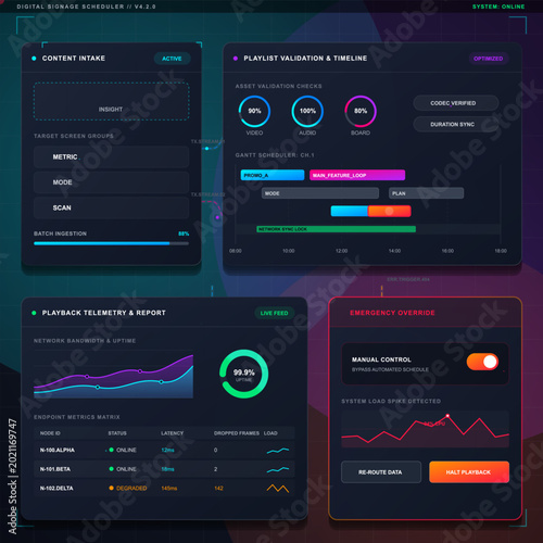 Fotografi Digital signage playlist scheduler dashboard with content intake, validation timeline, playback telemetry, endpoint metrics, and emergency override