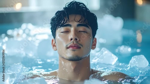 A serene man with closed eyes rests in a cold pool surrounded by ice chunks
