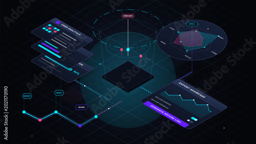 Φωτογραφία Dark isometric vector dashboard showing portfolio assessment workflow with analy