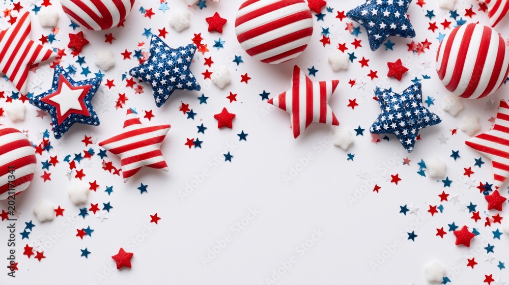 Obraz premium Patriotic flat lay with stars stripes decorations, confetti, top view, clean composition, copy space