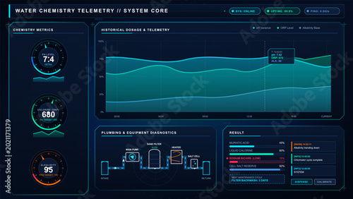 Cuadro en lienzo Futuristic water chemistry telemetry dashboard with pH gauges, dosage trend chart, plumbing diagnostics, chemical levels, and system alerts