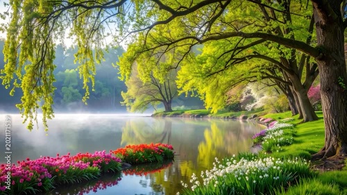 Serene lake scene features trees, flowers, and reflections with a misty atmosphere