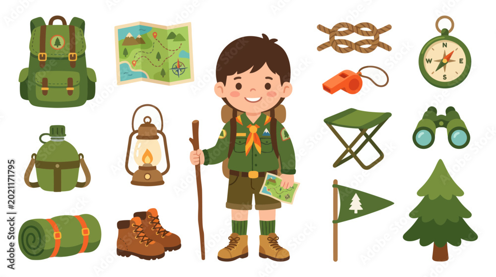 Fototapeta premium Scout Boy and Camping Equipment Flat Vector Illustration Set for Outdoor Recreation and Hobbies