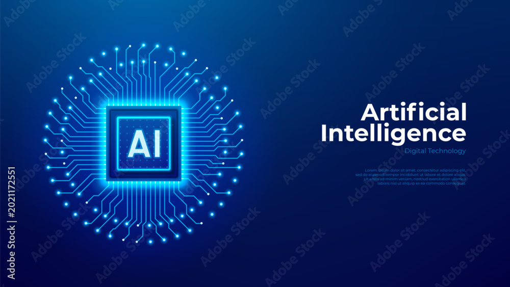 Fototapeta premium Abstract futuristic AI processor concept. AI semiconductor concept with glowing digital circuit lines. Vector banner with AI chip processor and digital circuit lines for tech presentation, branding.
