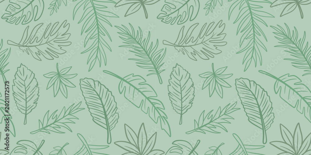 Fototapeta premium Seamless pattern of various tropical leaves. Exotic foliage silhouette on green background. Foliage print for textiles, wallpaper and packaging. Vector graphics