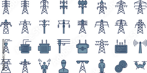 Tableau sur toile Collection of Electrical Power and Transmission Icons Including High Voltage Tow