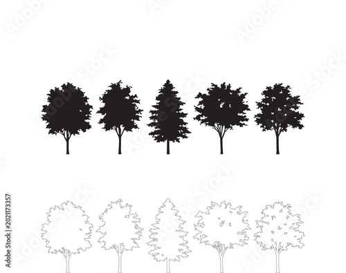 Minimalist tree silhouette collection, black forest plant icons, set of 10 deciduous and evergreen tree vector elements for landscape design