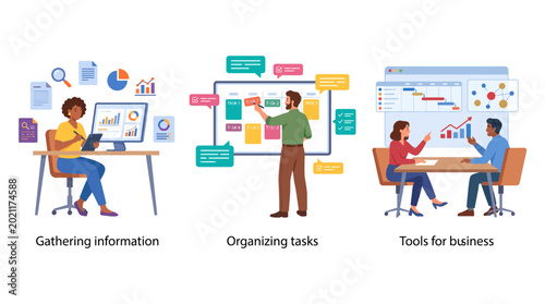 This image highlights effective information gathering and task organization methods, showcasing people engaged in business communication and project management.