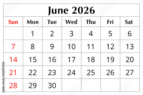 June 2026 English monthly calendar page isolated on transparent background PNG