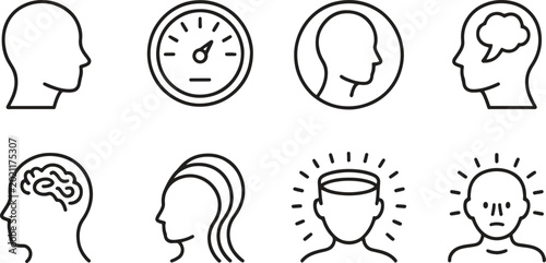 Black line icons of human heads and a speedometer on white background