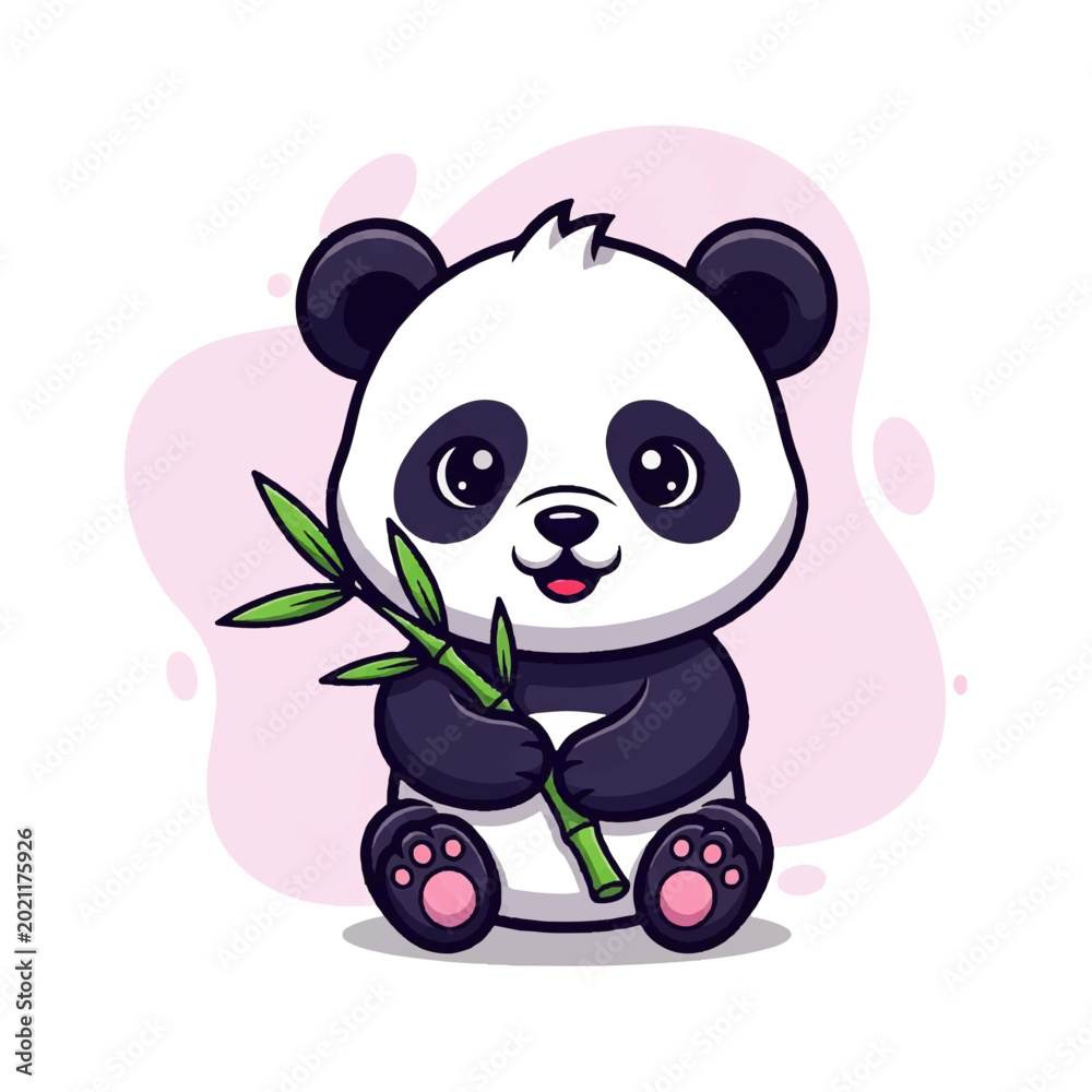 Obraz premium Cute vector flat design illustration of a baby panda holding bamboo with a soft pink background