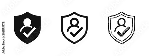 Φωτογραφία User Security and Protection Icon Set with Shield and Checkmark in Three Styles