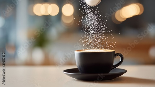 Sugar pouring into coffee cup