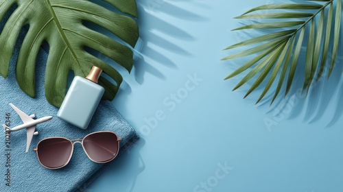 Summer vacation essentials on blue surface