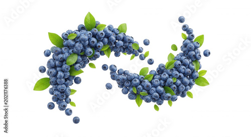 Swirling clusters of fresh blue blueberries with bright green leaves arranged in a dynamic circular motion on a solid black background