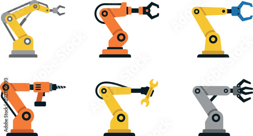 Konstfotografi Industrial Robot Arm Vector Illustration Set with Automated Robotic Manipulators