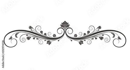 Symmetrical floral flourish divider with white line swirls, leaves, and small flower buds isolated on a solid black background