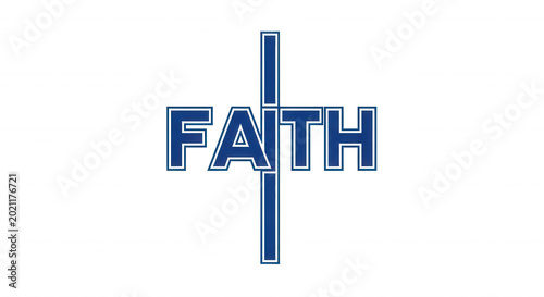 The word faith written in blue block letters with a vertical blue cross intersecting the letter i, isolated on a black background