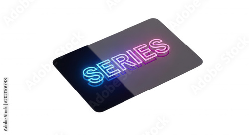 The word series written in glowing neon letters with a blue to pink gradient on a translucent rounded rectangular glass panel against a