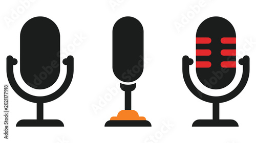 Photos Retro microphone icons set for podcast and broadcast studio logo.