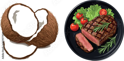Foto A detailed vector illustration of a cracked brown dry coconut with its husk and shell isolated on a grey background