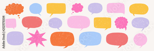 Crayon drawn rough speech bubble set. Colorful dialog balloons with charcoal texture. Hand drawn text box collection. Funky communication frames, comic talk sketch balloons. Vector illustration 
