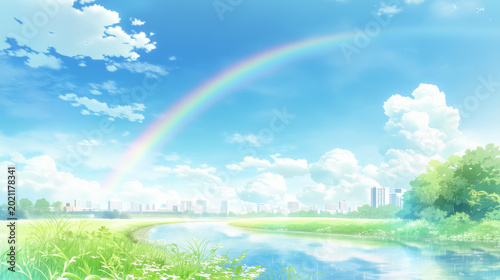 晴れ渡る夏の青空に大きな虹がかかる、川辺の緑豊かな風景と遠くの都市を望む爽やかなアニメスタイル背景イラスト