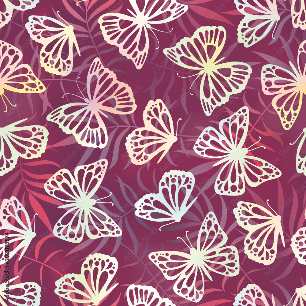 Fototapeta premium Pattern with White Butterflies and Palm Leaves on a Purple Background