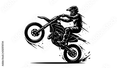 Cuadro en lienzo Detailed motocross dirt bike wheelie silhouette vector illustration isolated on