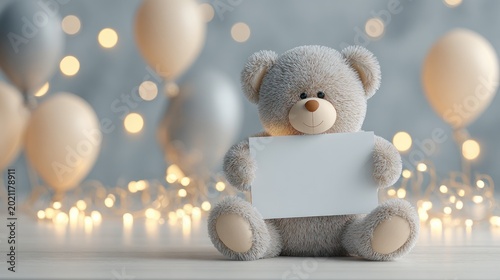Teddy bear holding blank sign