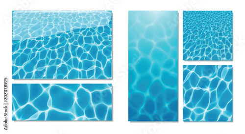  Luxury vector pack featuring crystal clear swimming pool water textures, shimmering sunlight ripple effects, seamless cyan aquatic backgrounds, realistic caustic wave patterns.