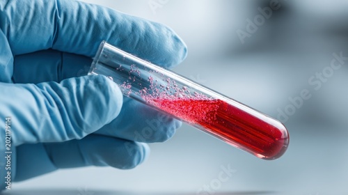 Test tube held by gloved hand close up