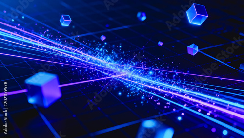 This digital background features glowing neon light beams, floating cubic particles and grid networks, showcasing futuristic cyber data transmission technology.