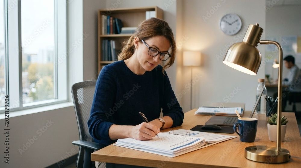 Obraz premium Focused Young Woman Writing Notes at Wooden Desk in Modern Office