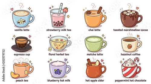 Photos A charming collection of twelve different hot and cold beverages, each illustrated in a cute, kawaii style with its name labeled below